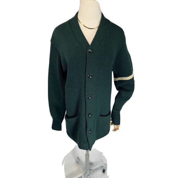 Vintage 30's 40's Varsity Green Cardigan Sweater Lion Mills Wool Medium? G. Fox